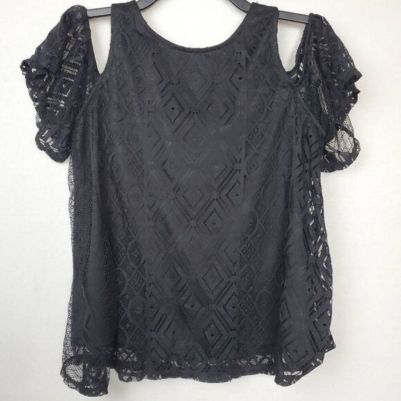 Lily White Large Black Lace Cold Shoulder Blouse - Picture 2 of 7
